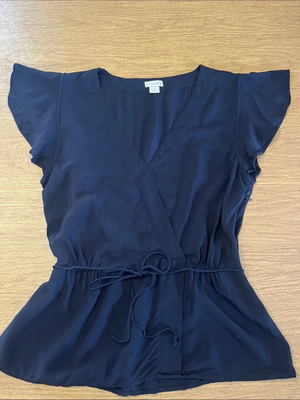 J by J. Crew Black V-Neck Peplum Blouse with Flutter Sleeves, Faux Wrap, Sz 6